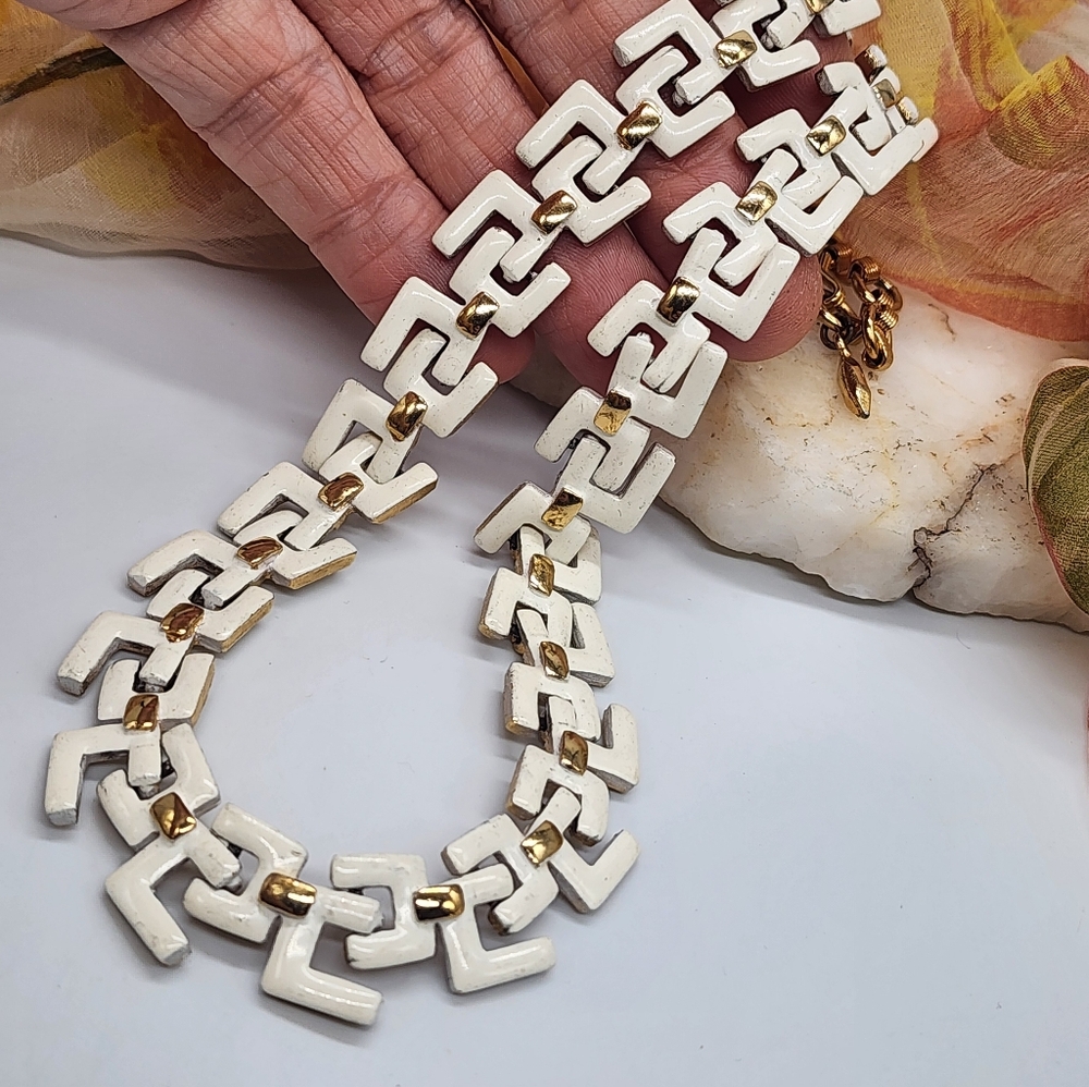 Gold Necklace Statement Gold Greek Key White Enamel Link Chain Chunky Bold - Picture 5 of 13